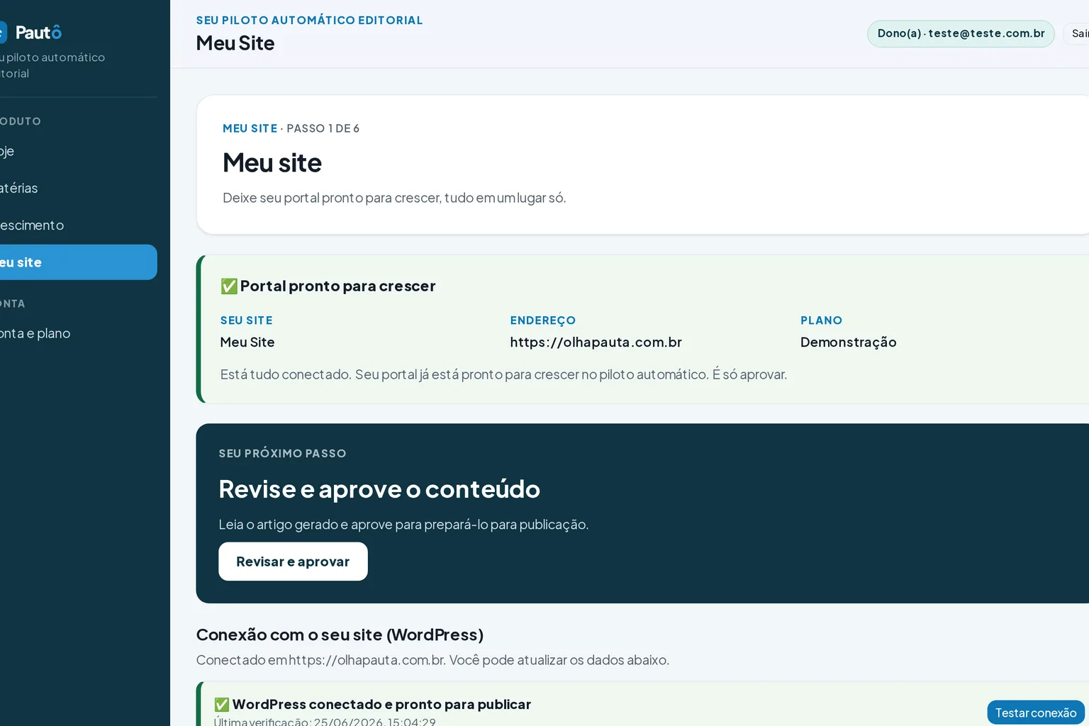 Tela do Pautô no passo "Conecte seu site"