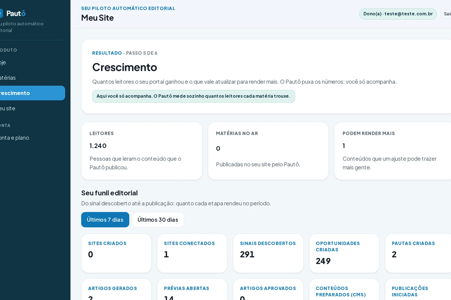 Tela do Pautô no passo "Veja o portal crescer"